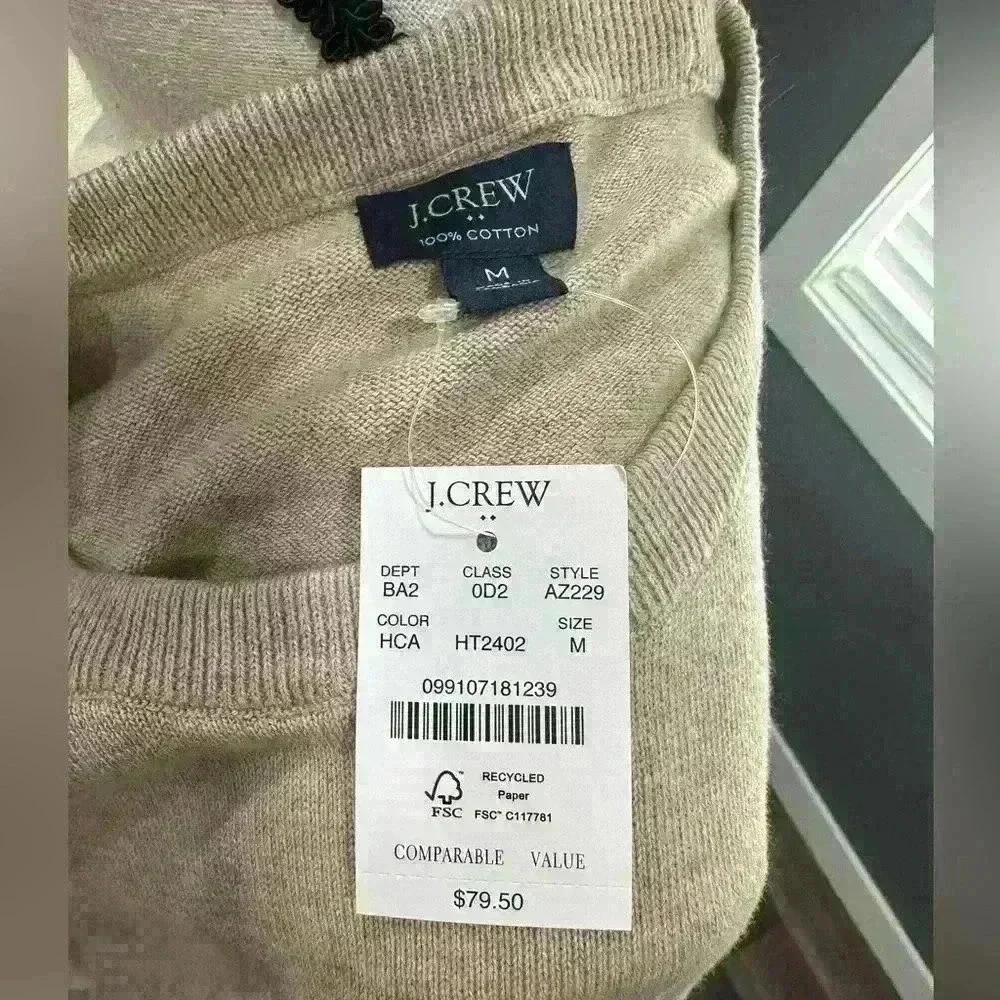 NWT J. Crew Men's Cotton Crewneck Sweater-Tee Long Sleeve Beige Size M